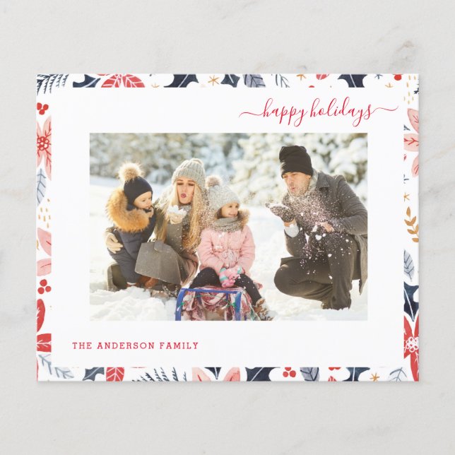 Budget Happy Holiday Red Script Photo Modern Card (Front)