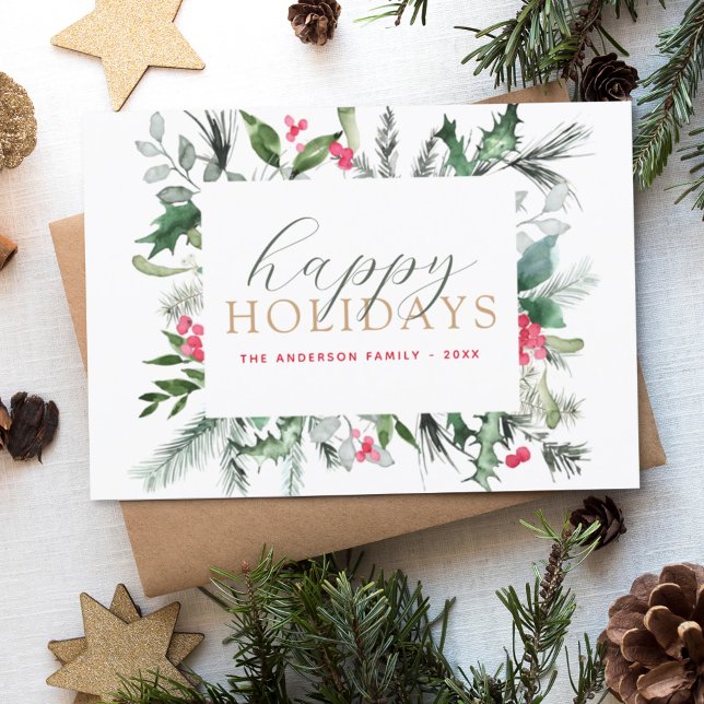 Budget Happy Holidays Christmas Greenery Red Card (Creator Uploaded)