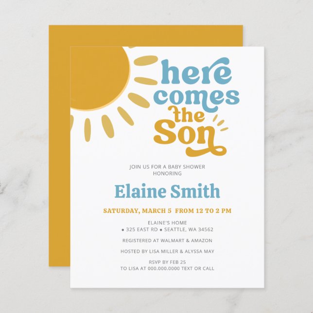 Budget Here comes the son boy baby shower Invite (Front/Back)