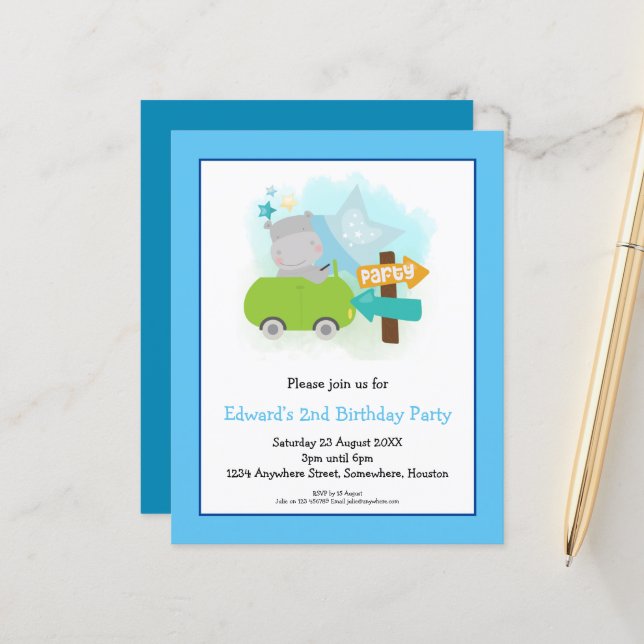 Budget Hippo 2nd Birthday Party Invitation (Front/Back In Situ)