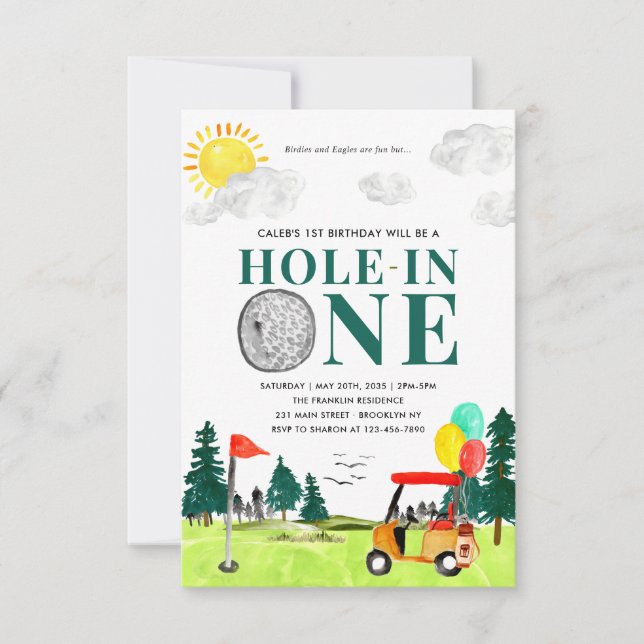 Budget Hole In One Golf First Birthday Par-Tee Card (Front)