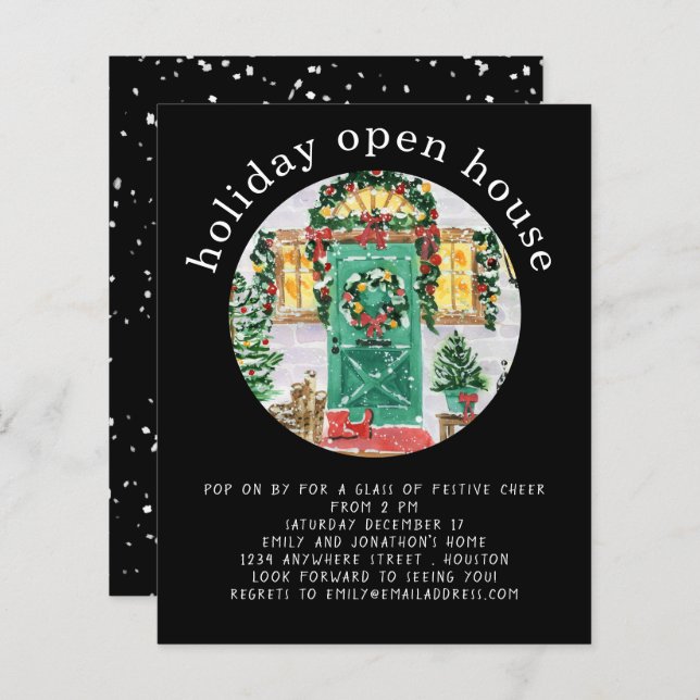 Budget Holiday Open House Party Black Invite (Front/Back)