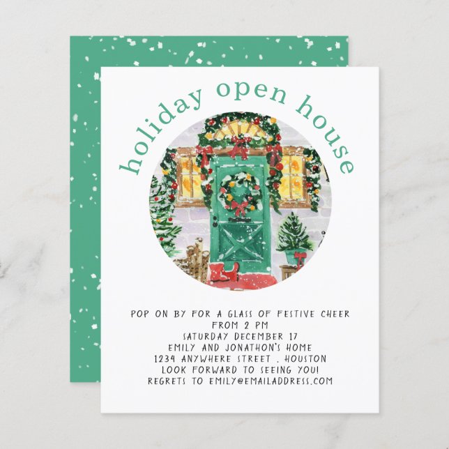 Budget Holiday Open House Party Teal Invite (Front/Back)