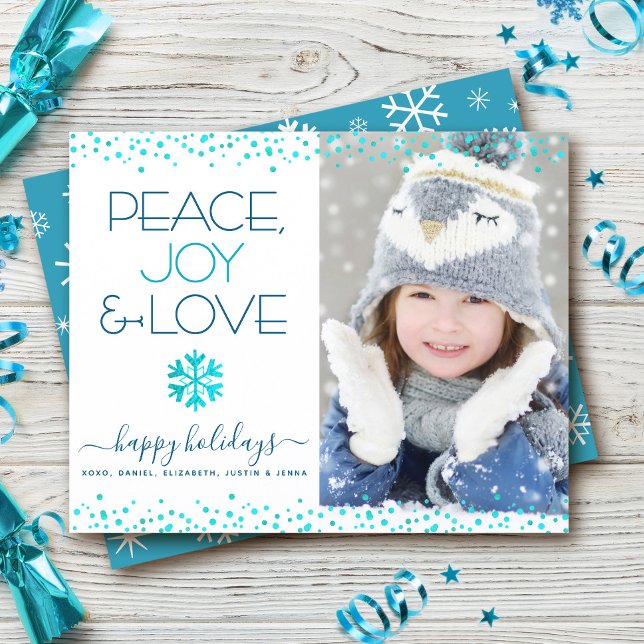 Budget Holiday Photo Turquoise Peace Joy Love Card (Creator Uploaded)