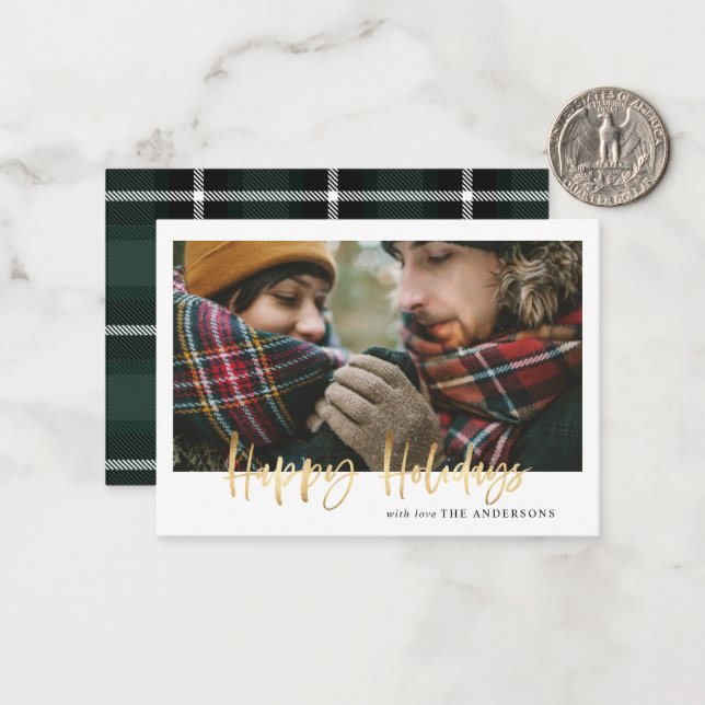 budget holidays green tartan photo holiday card (Front/Back In Situ)