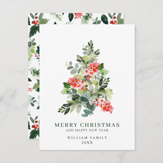 Budget Holly Berry Christmas Tree Holiday Card (Front/Back)