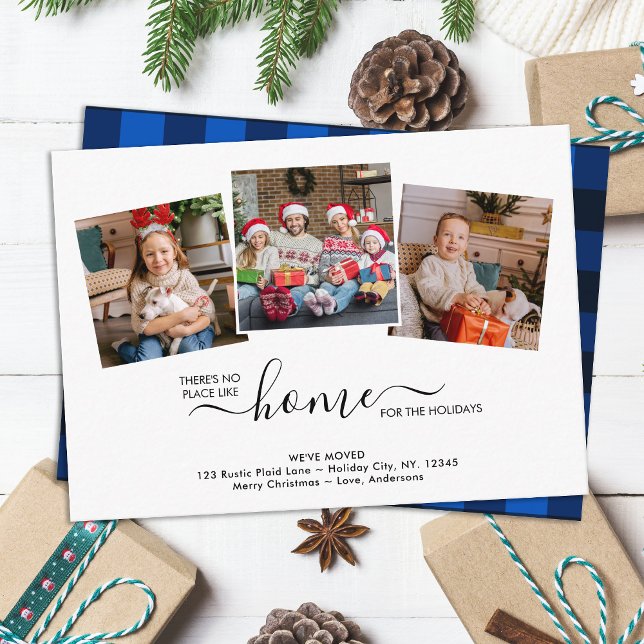 Budget Home Holidays 3 Photo Blue Plaid Moving Card (Creator Uploaded)