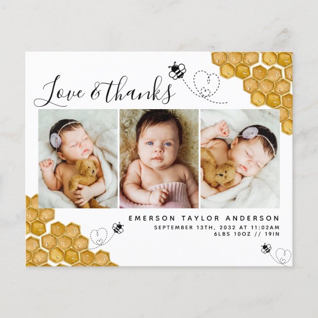 Budget Honey Bee Photo Baby Thank You Card (Front)