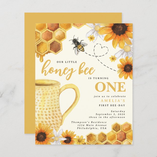 Budget Honey Bee Watercolor Sunflower 1st Birthday (Front/Back)