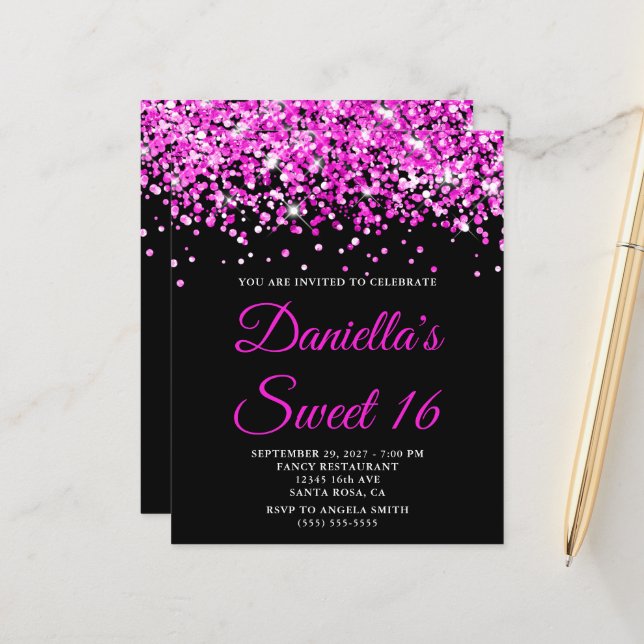 Budget Hot Pink Glitter Black Sweet 16 Invite (Front/Back In Situ)