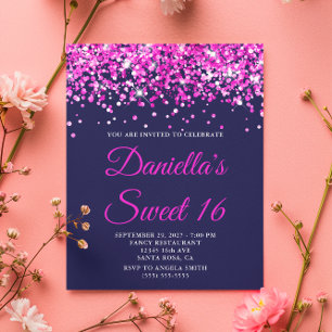 Budget Hot Pink Glitter Navy Sweet 16 Invite