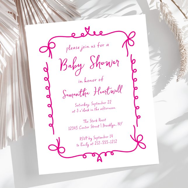 Budget Hot Pink Hand Drawn Girl Baby Shower Invite (Creator Uploaded)