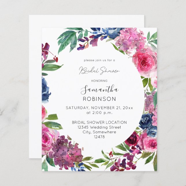 Budget Hot Pink & Navy Blue Floral Bridal Shower (Front/Back)