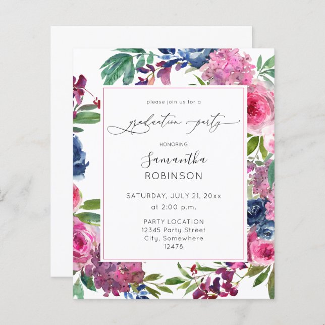 Budget Hot Pink &Navy Blue Floral Graduation Party (Front/Back)