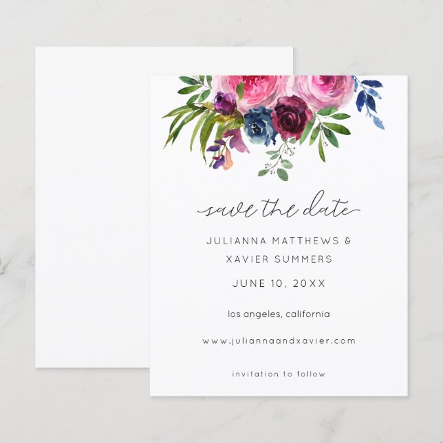 Budget Hot Pink & Navy Blue Floral Save the Date (Front/Back)