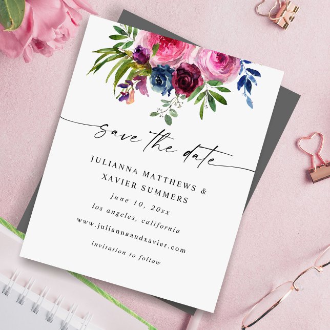 Budget Hot Pink & Navy Blue Floral Save the Date 3 (Creator Uploaded)