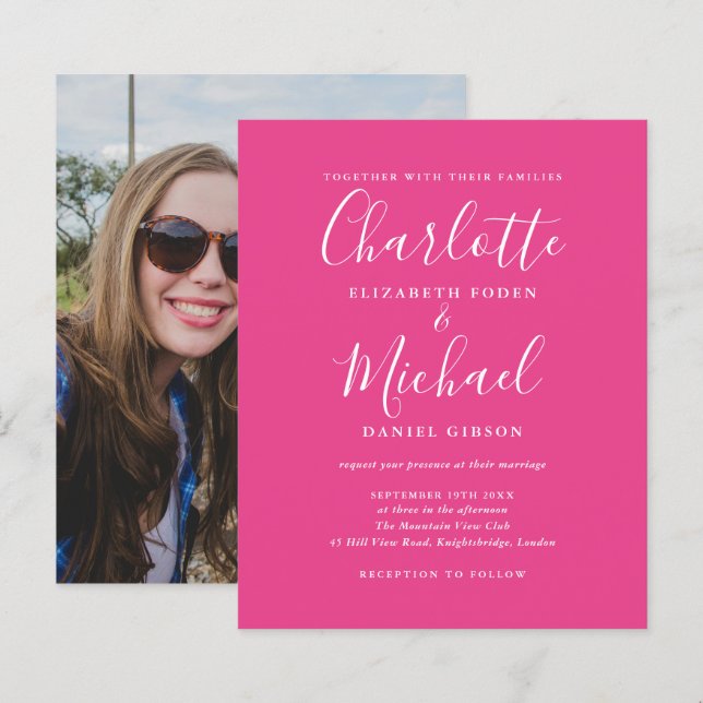 Budget Hot Pink Script Photo Wedding Invitation (Front/Back)