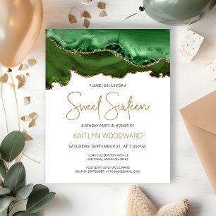Budget Hunter Green Gold Agate Sweet 16 Invitation