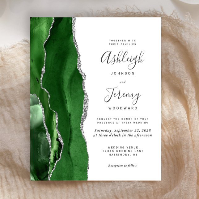 Budget Hunter Green Silver Agate Wedding Invite (Creator Uploaded)