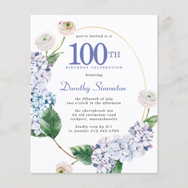 Budget Hydrangea Rose 100th Birthday Invitation (Front)