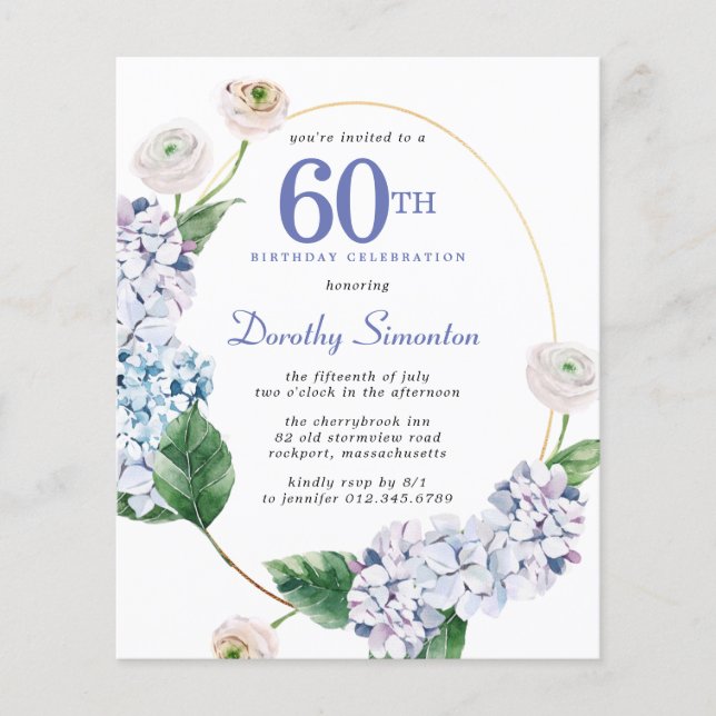 Budget Hydrangea Rose 60th Birthday Invitation (Front)