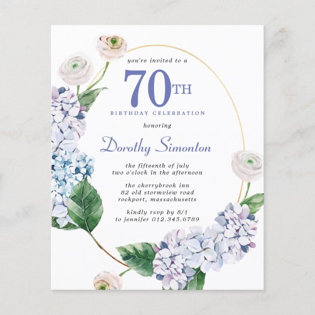 Budget Hydrangea Rose 70th Birthday Invitation (Front)