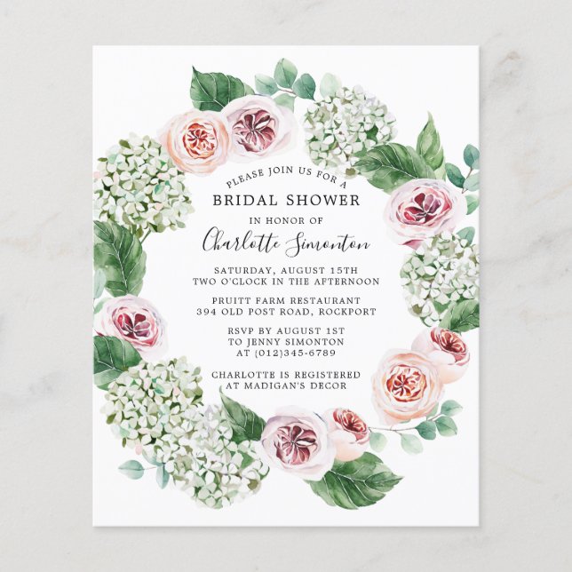 Budget Hydrangea Rose Bridal Shower Invitation (Front)