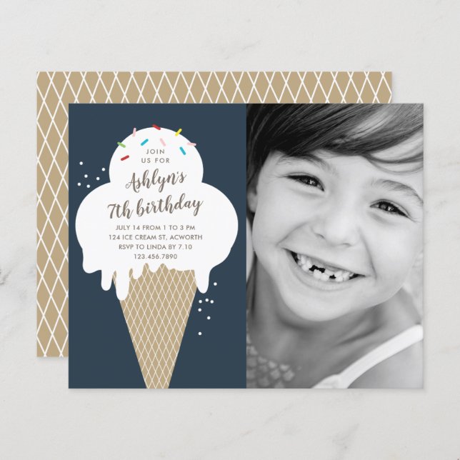 Budget Ice cream cone kids birthday invitation (Front/Back)