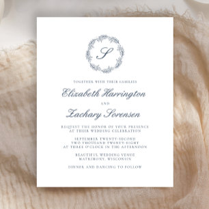 Budget Indigo Blue Monogram Wreath Script Wedding
