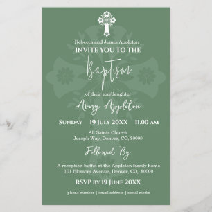 Budget Invitation Floral Cross Baptism Fern Green Flyer