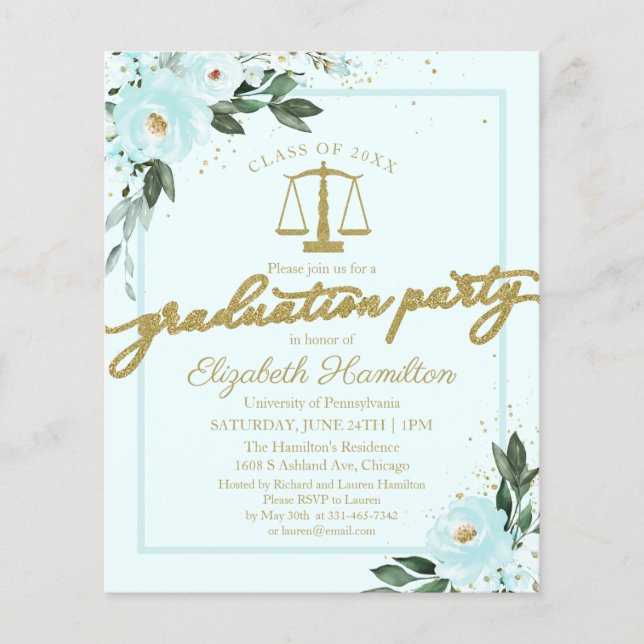 Budget Invitation Law School Graduation Party Teal (Front)