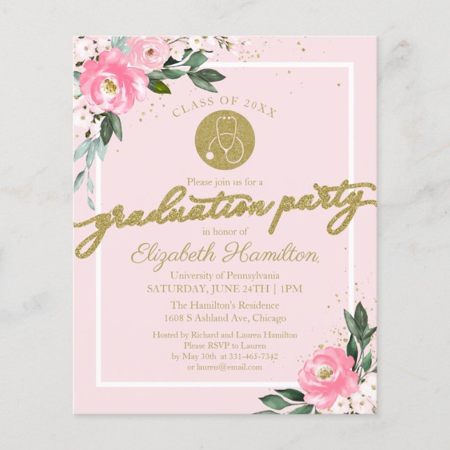 Budget Invitation Nursing School Grad Party Pink (Front)