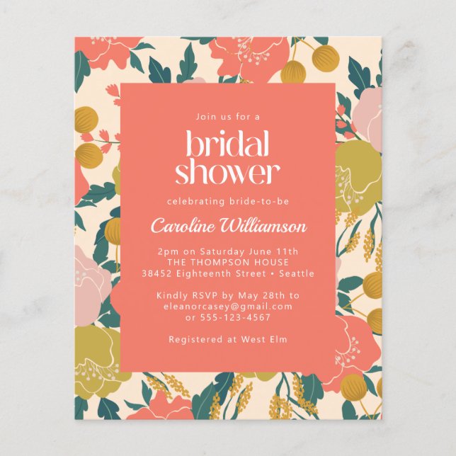 Budget Invite Boho Orange Botanical Bridal Shower (Front)