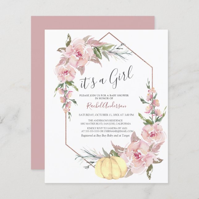 Budget It's a Girl Pumpkin Baby Shower Invitation (Front/Back)