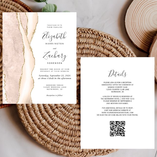 Budget Ivory Gold Agate QR Code Wedding Invitation (Creator Uploaded)