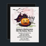 Budget Jack o' Lantern Halloween Birthday Invites<br><div class="desc">Small 4.5" x 5.6" paper Halloween invitations feature bats in the sky flying above a scared black cat and a creepy leering jack o' lantern. Fun for kid's Halloween birthday invitations, Halloween costume party invitations or any occasion. These affordable invites are printed on 110 lb paper available in 3 sizes....</div>