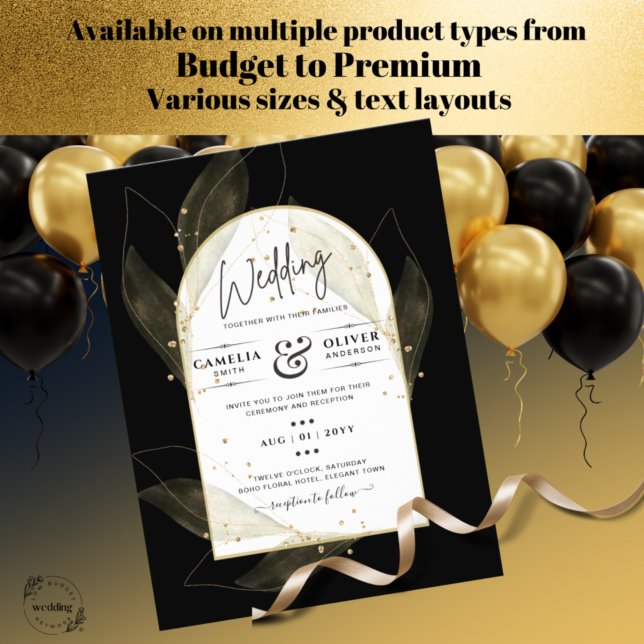 BUDGET Jet Black Gold Leaves Wedding INVITE (Creator Uploaded)