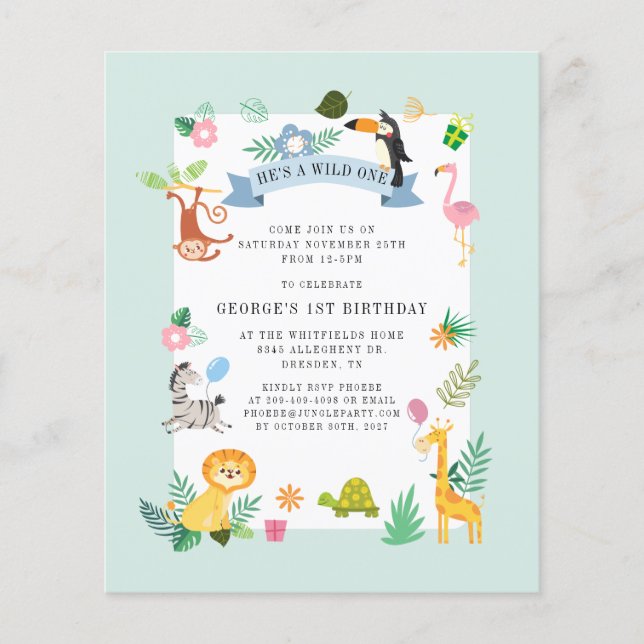 Budget Jungle Animals 1st Birthday Invitation (Front)
