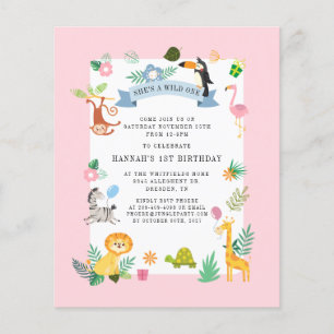 Budget Jungle Animals Girl 1st Birthday Invitation