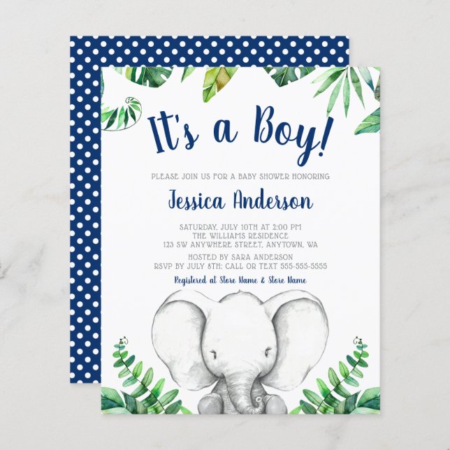 Budget Jungle Elephant Boy Navy Blue Baby Shower (Front/Back)