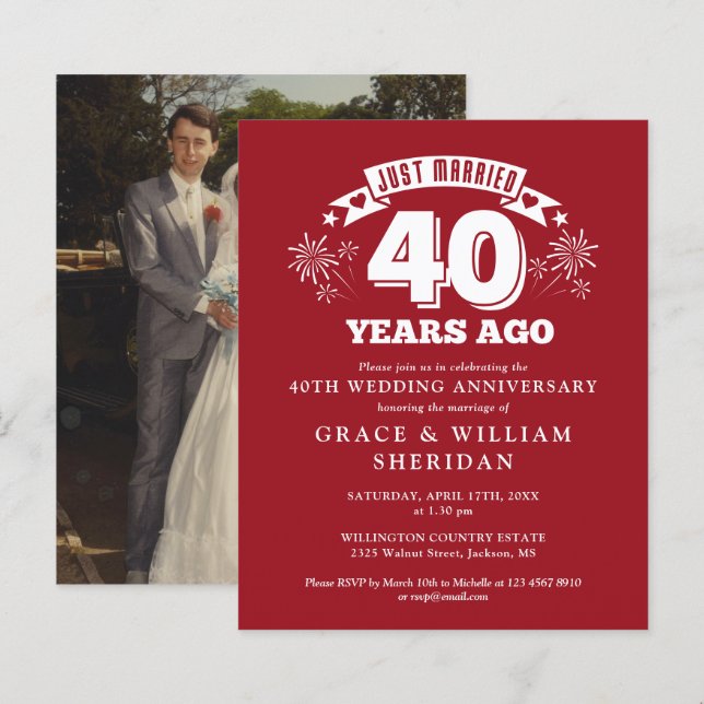 Budget Just Married 40th Anniversary Photo Invite (Front/Back)