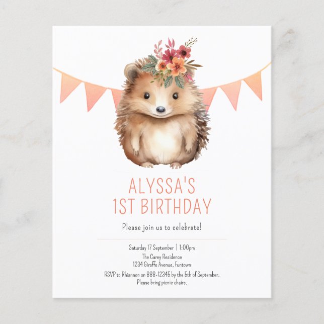 Budget kids birthday invitation, girly Hedgehog Flyer (Front)