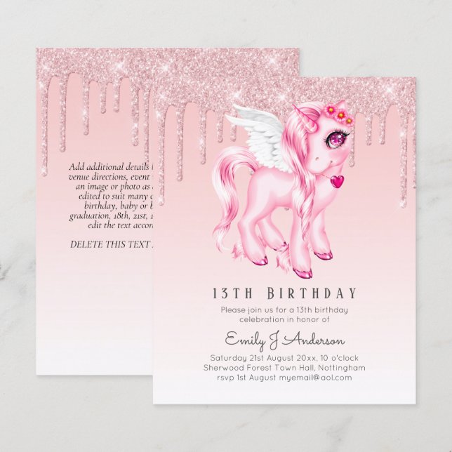 BUDGET Kids Birthday Invite Pink Unicorn (Front/Back)