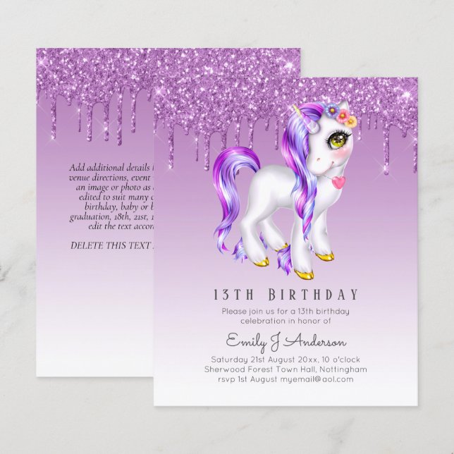 BUDGET Kids Birthday Invite Purple Unicorn (Front/Back)