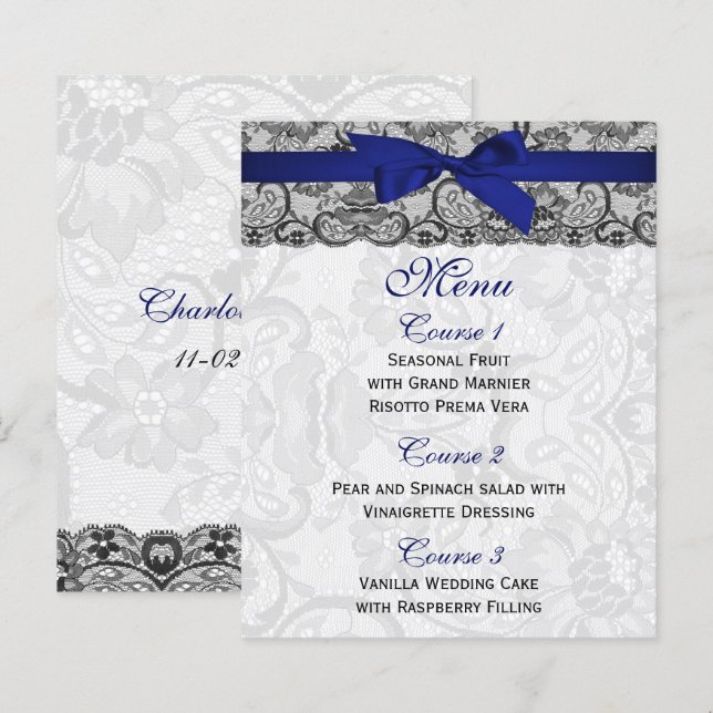 Budget Lace Ribbon Navy Wedding Menu Cards (Front/Back)