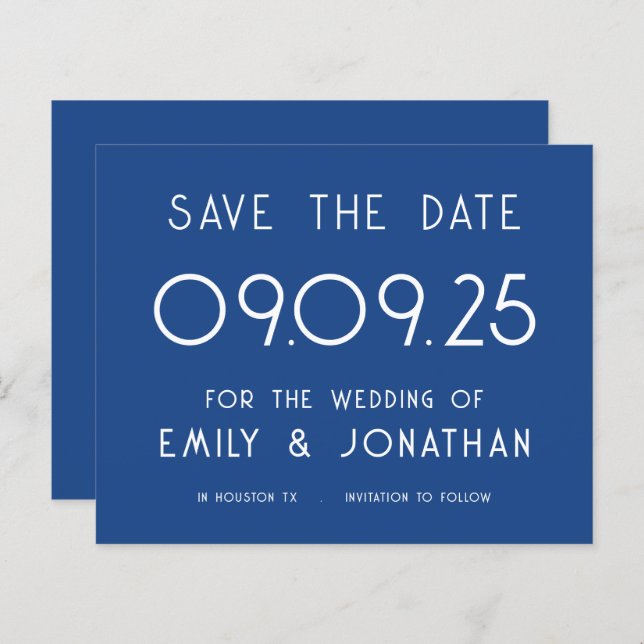 Budget Large Typography Blue Wedding Save the Date (Front/Back)
