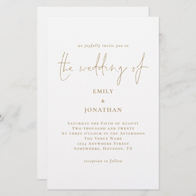 Budget Larger Gold White Wedding Invitation (Front/Back)