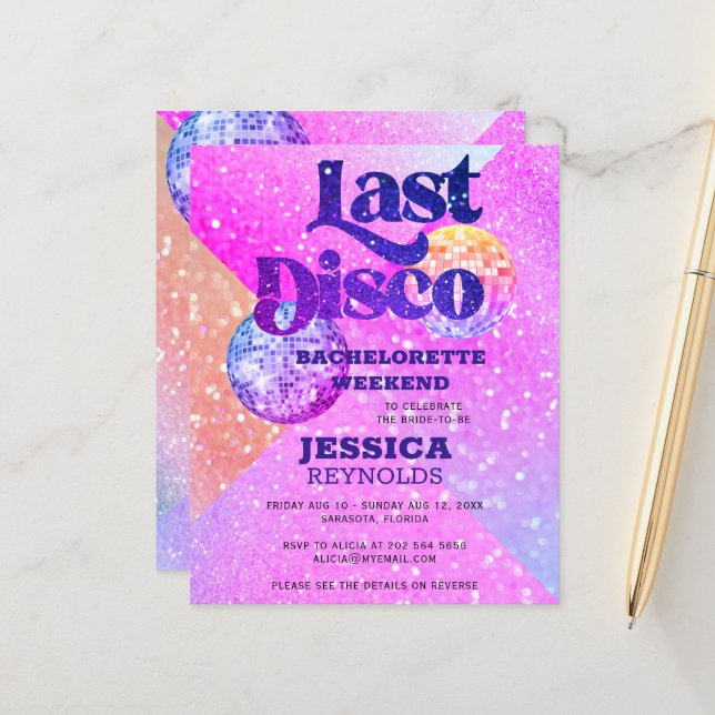 Budget Last Disco bachelorette weekend invitation (Front/Back In Situ)