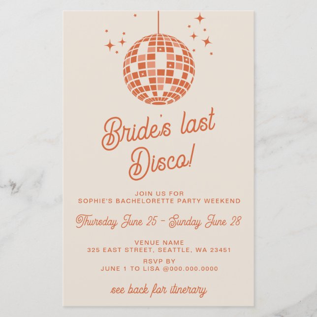 Budget Last Disco Itinerary Bachelorette Party  (Front)