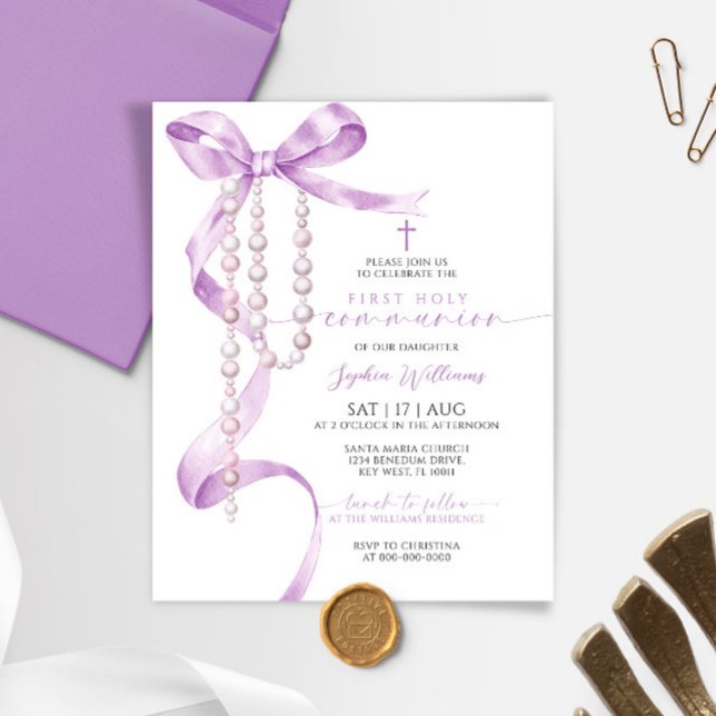 Budget Lavender Bow First Communion Invitation (Creator Uploaded)